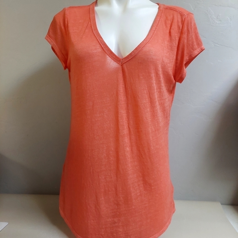 Athleta Orange Vneck Top Shirt Sheer M Workout Activewear Lightweight Workout